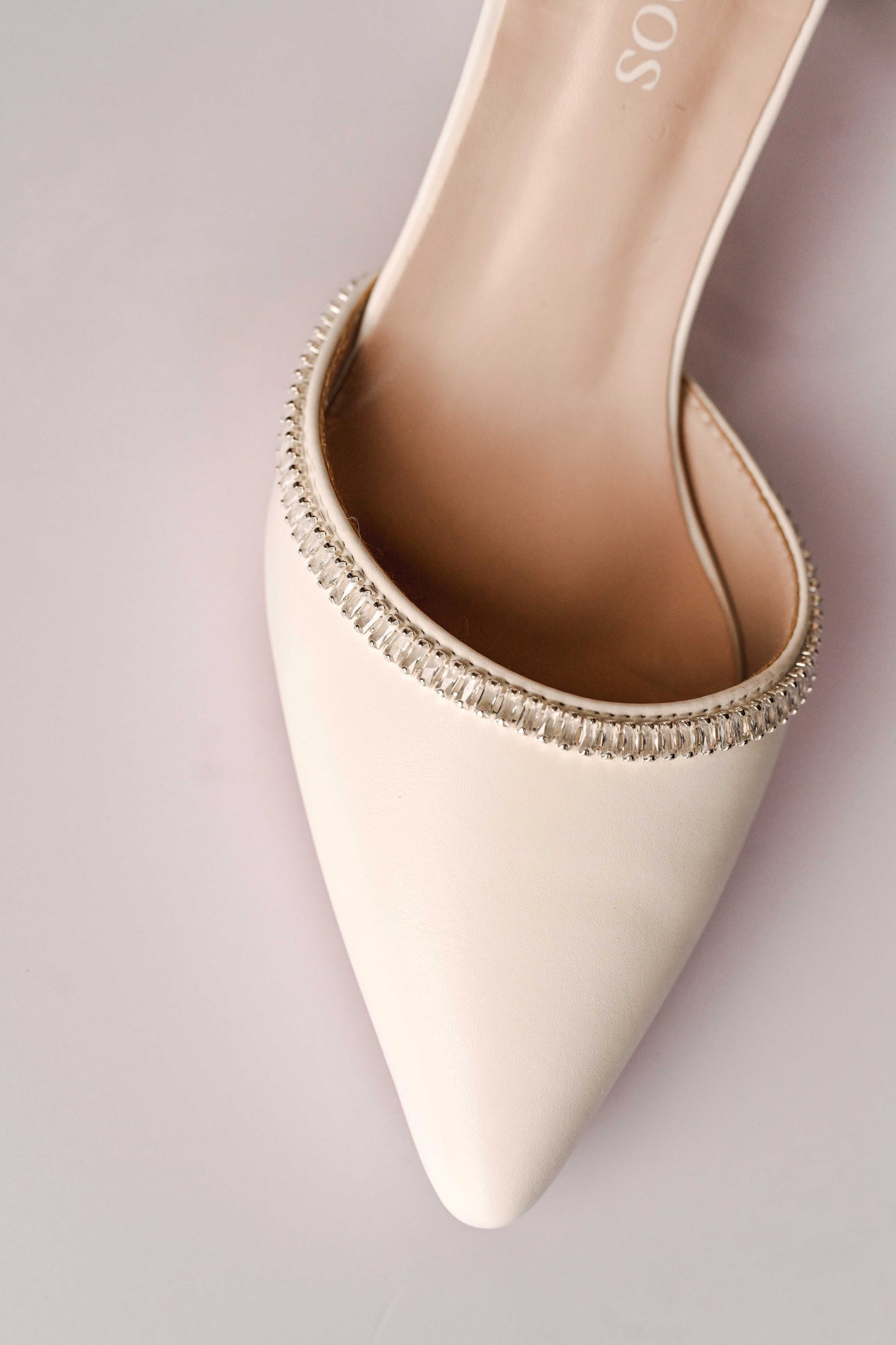 Ivory closed toe bridal block heel with silver cubic zirconia detail