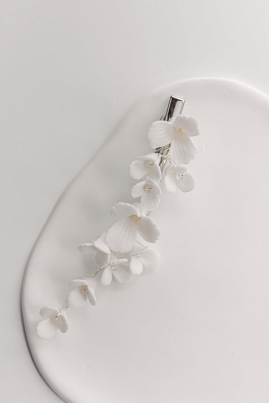 Silver bridal hair clip with porcelain flowers