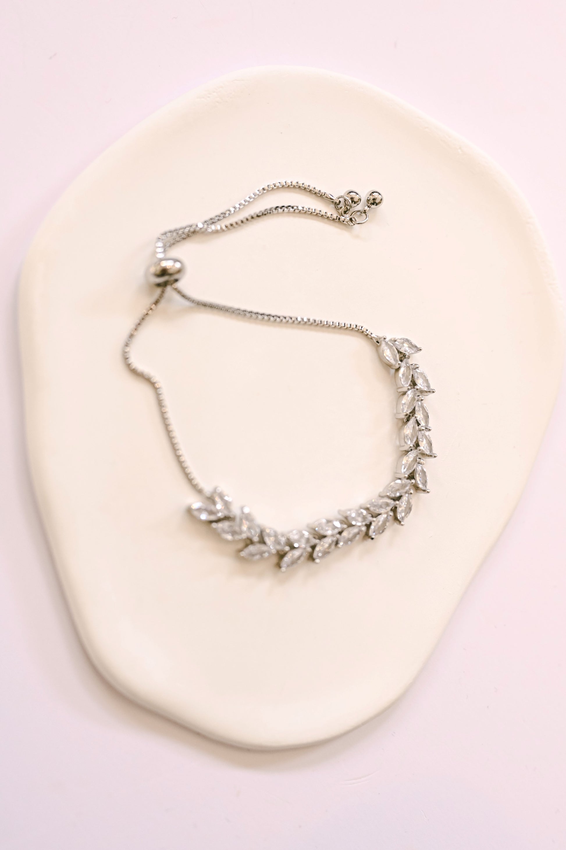 Silver leaf design, adjustable bridal bracelet with cubic zirconia