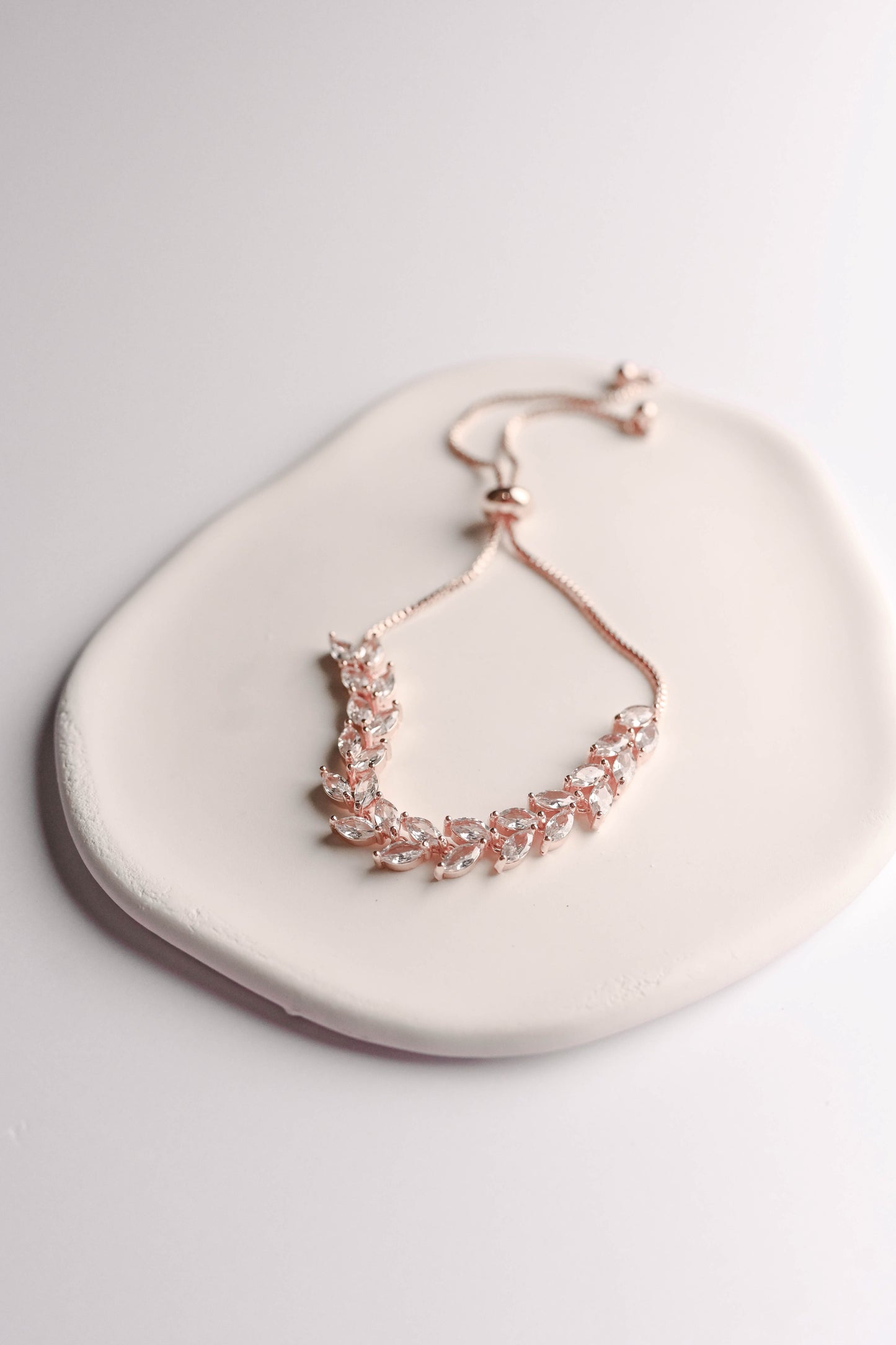 Rose gold leaf design, adjustable bridal bracelet with cubic zirconia