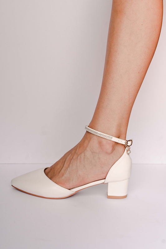 Ivory bridal block heel with a silver cubic zirconia embellished ankle strap