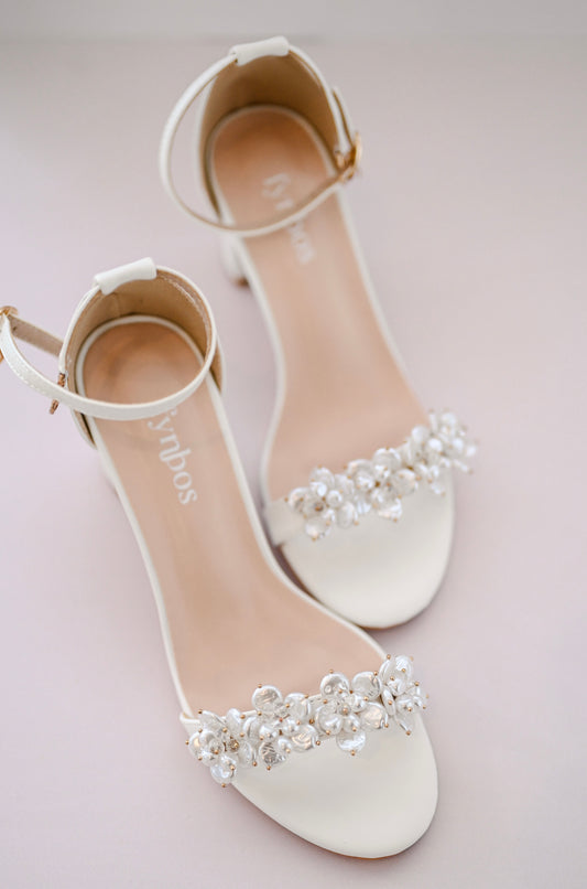 Bridal Block heel with faux baroque pearl cluster