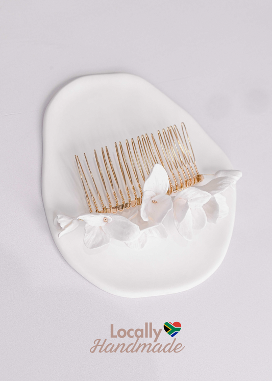 Gold bridal hair comb with handmade clay flowers