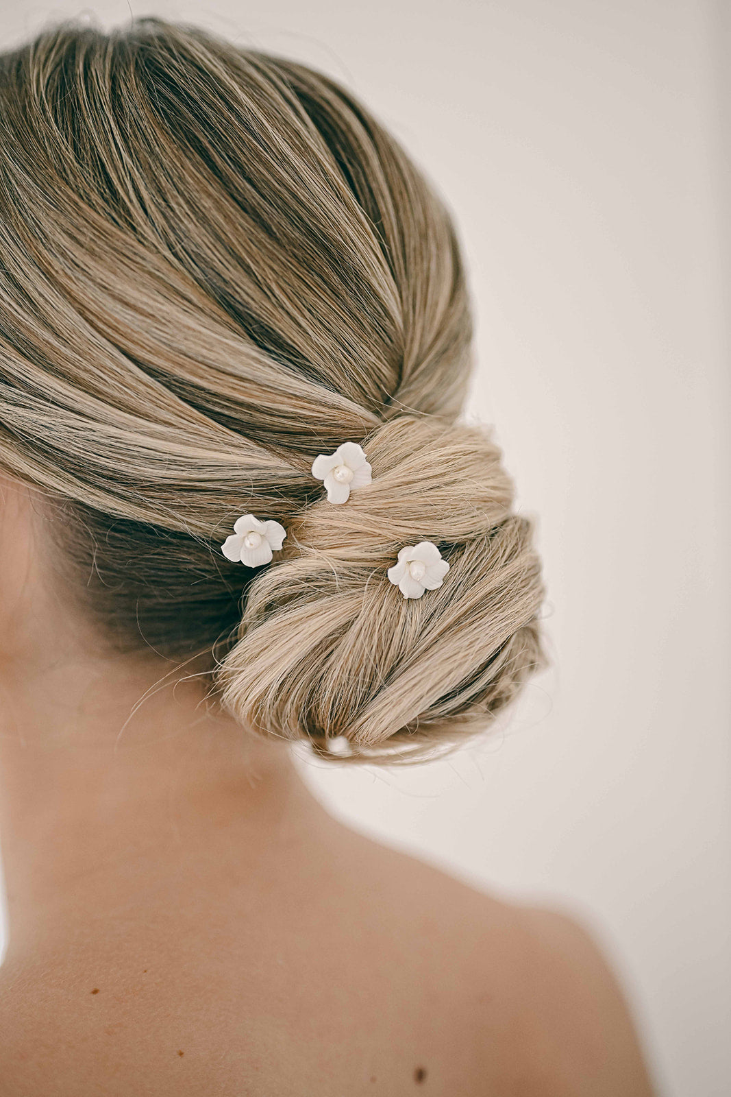 Bridal hair pins with porcelain flowers and fresh water pearls