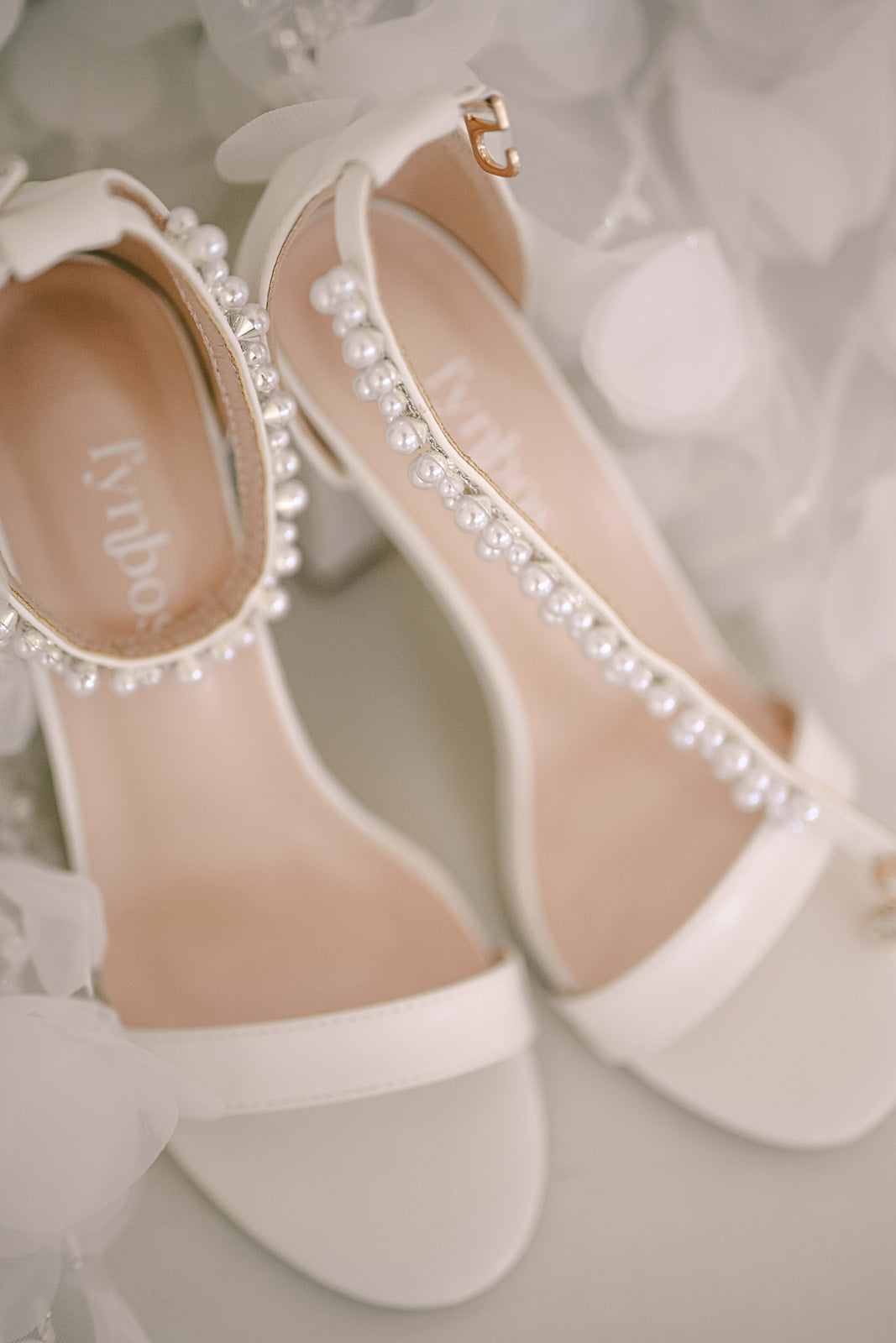 Ivory bridal open toe block heel with pearl ankle strap