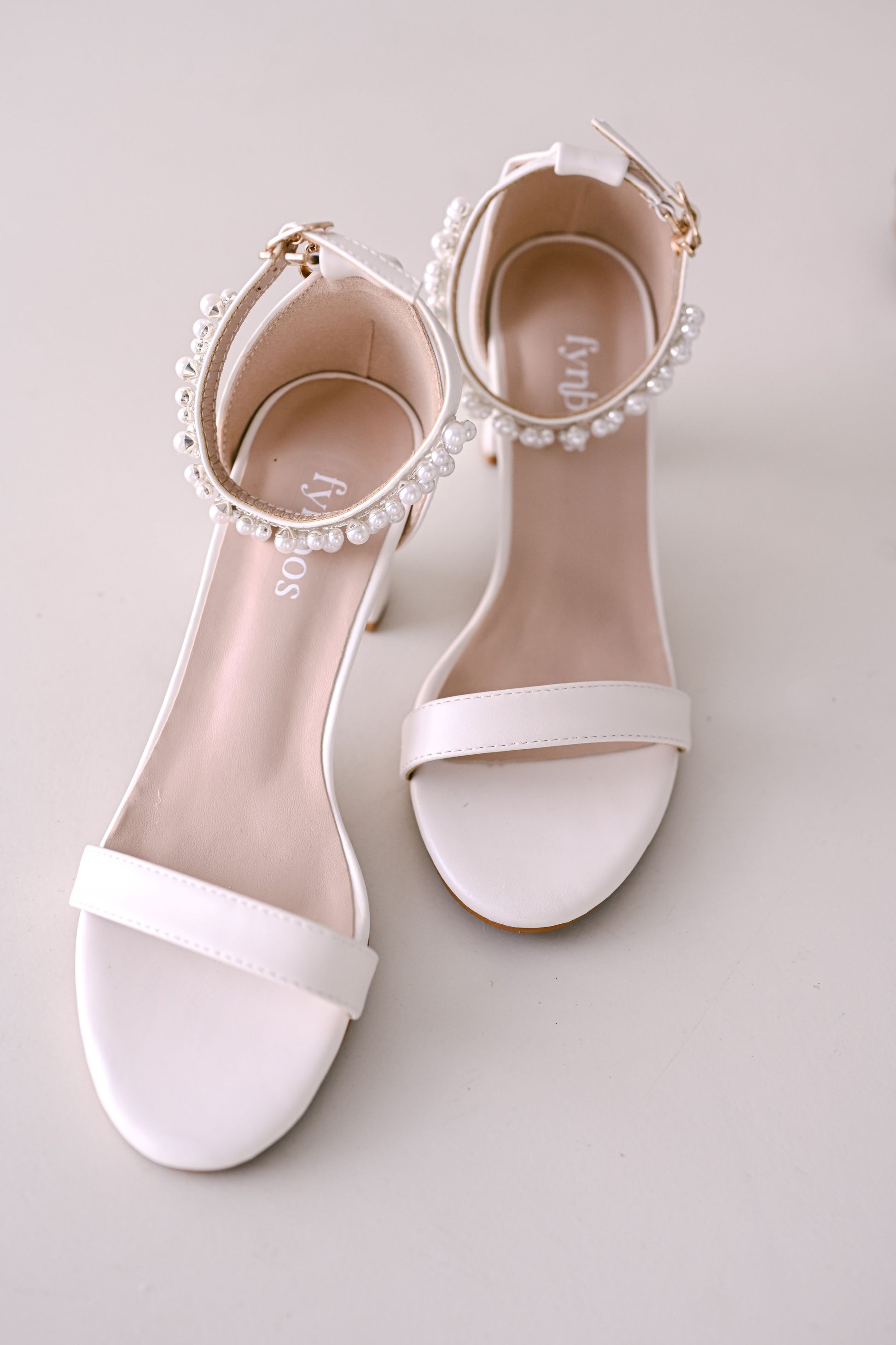 Ivory bridal open toe block heel with pearl ankle strap