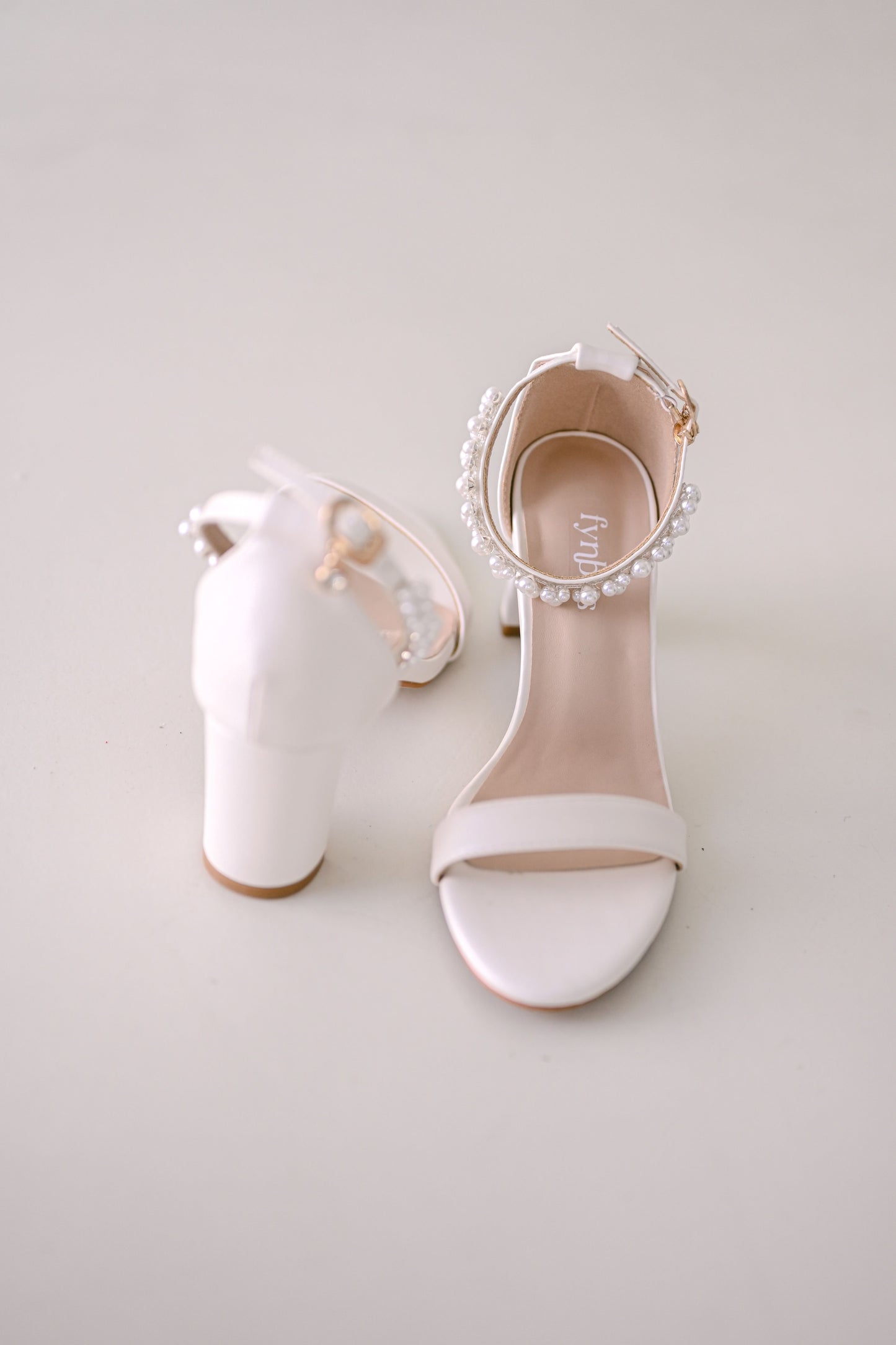 Ivory bridal open toe block heel with pearl ankle strap
