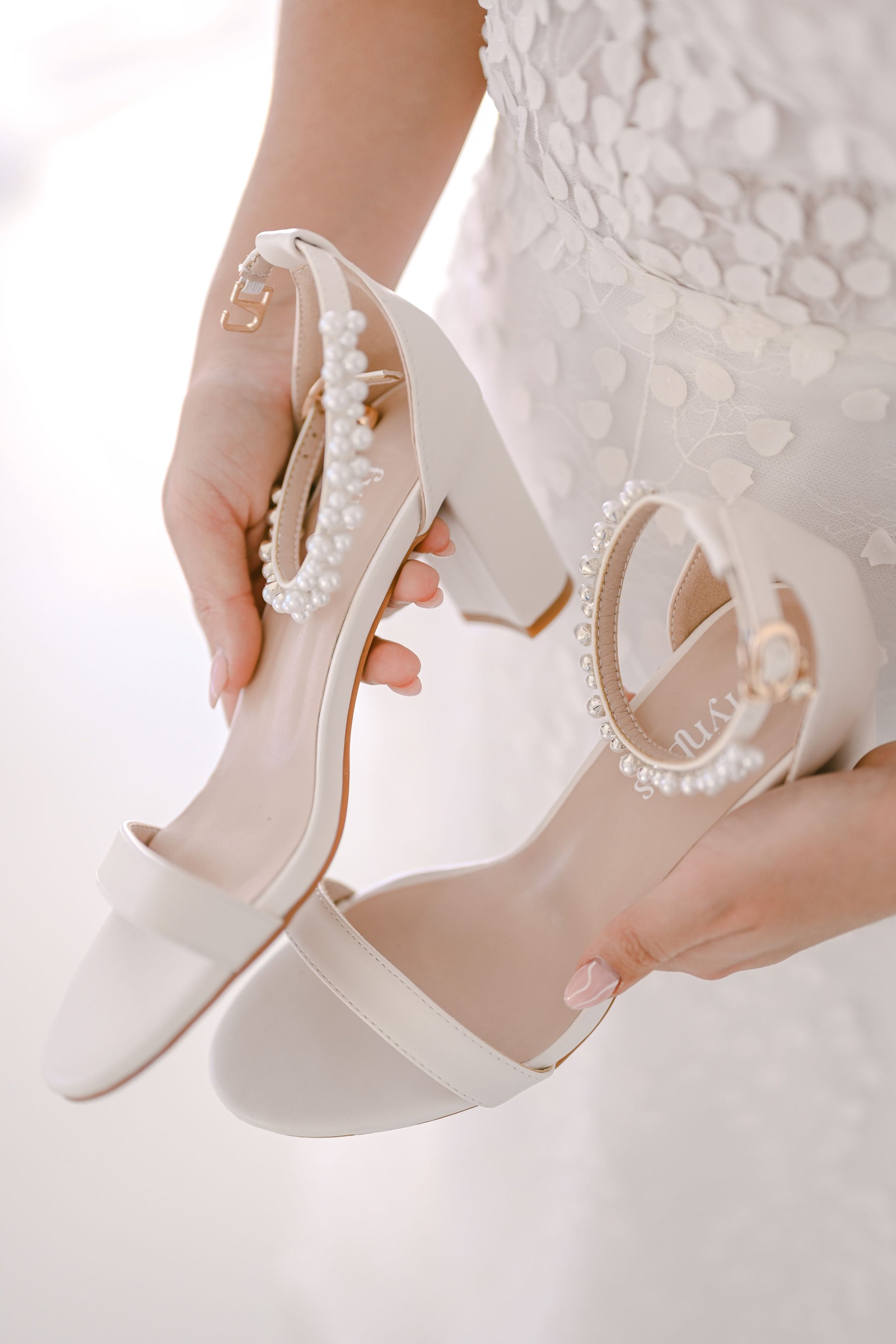Ivory bridal open toe block heel with pearl ankle strap