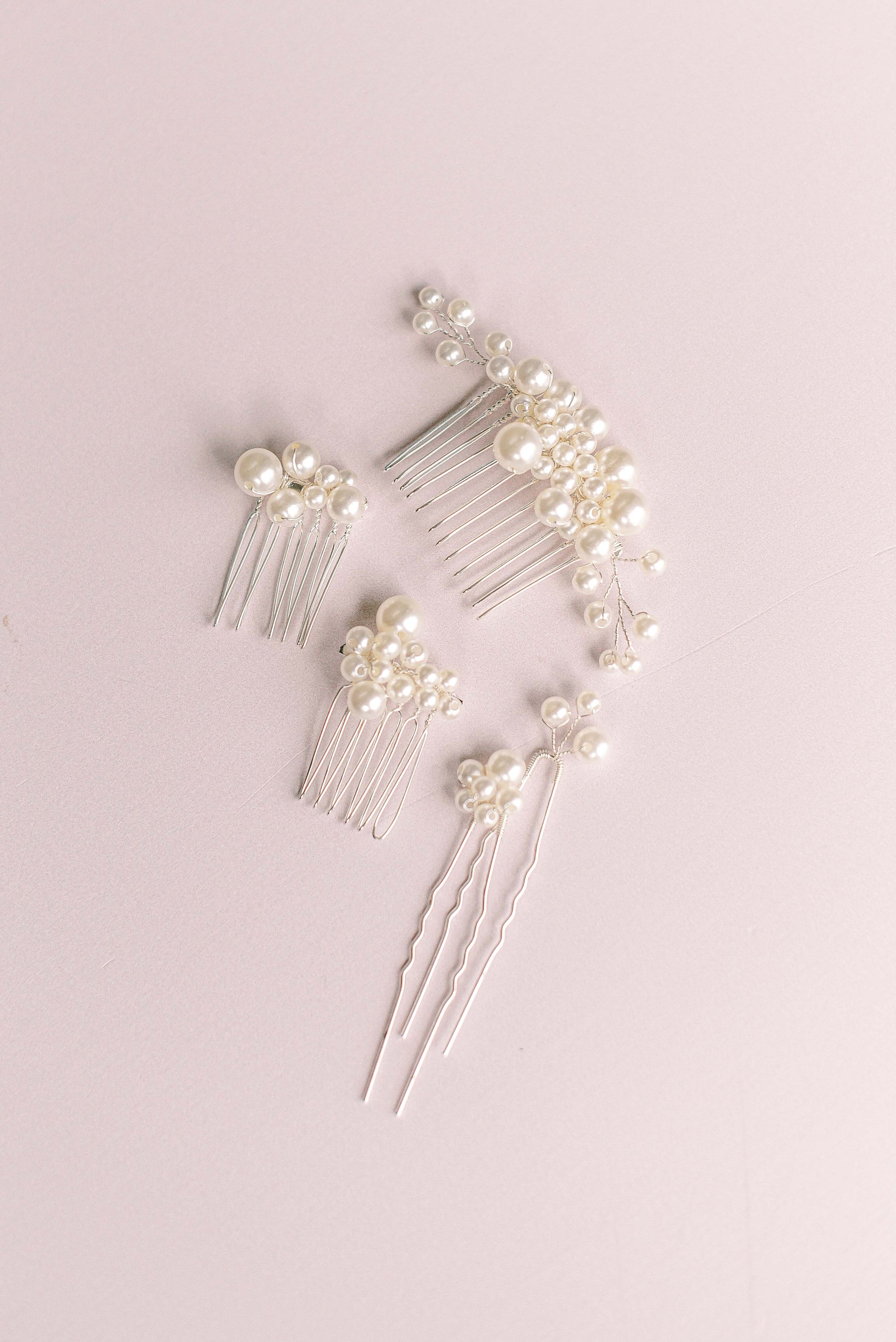 Silver bridal set of pearl hair pins