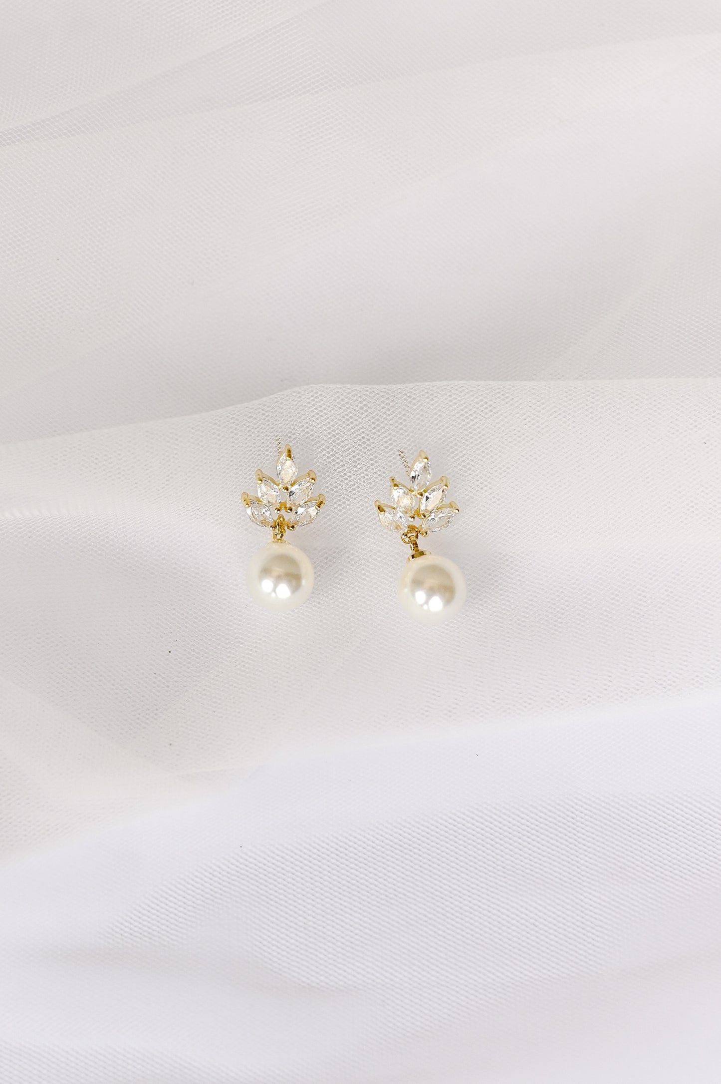 Gold cubic zirconia and faux pearl bridal drop earring