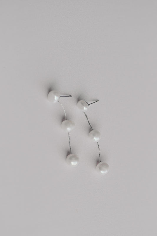 Silver bridal earrings with a string of 3 fresh water pearls