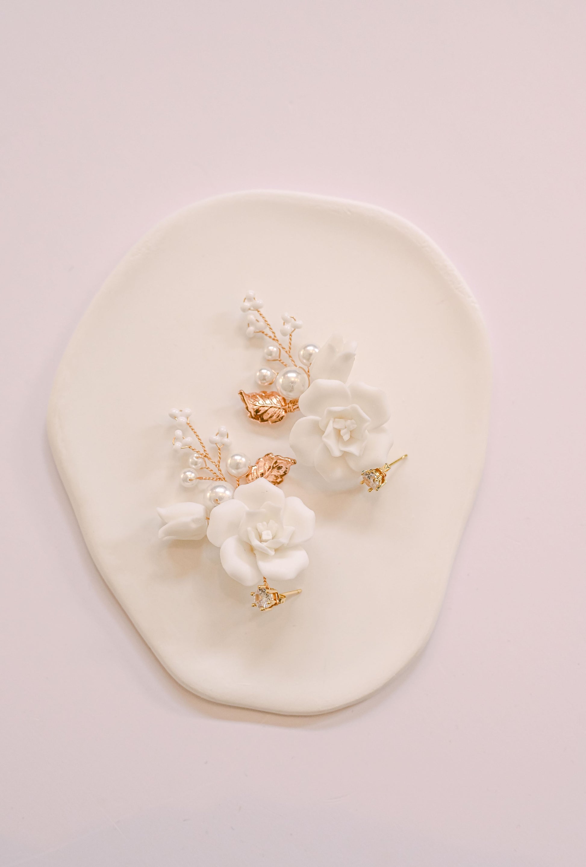 Gold porcelain rose bridal earrings
