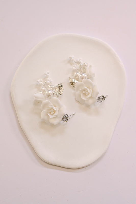 Silver porcelain rose bridal earrings