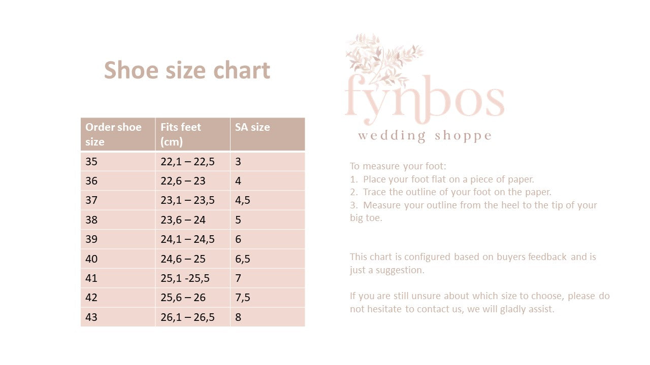 Fynbos Wedding Shoppe shoe size chart