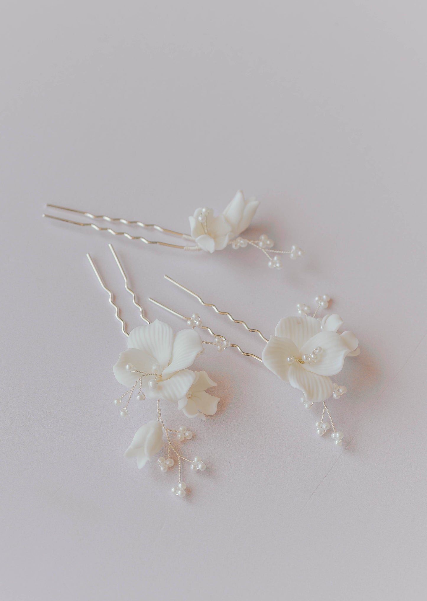 Set of 3 bridal hair pins made from porcelain flowers
