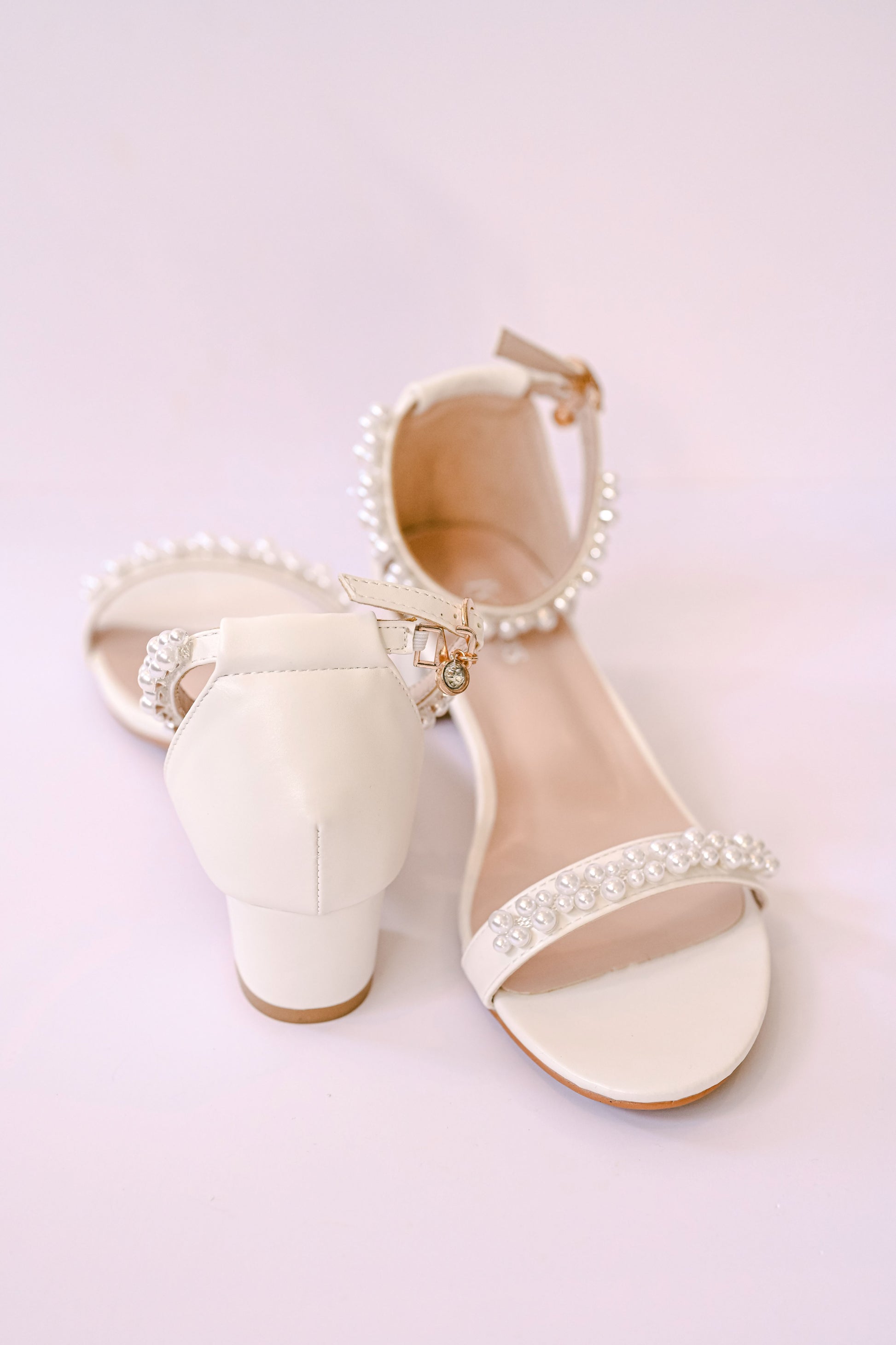 Open toe bridal block heel with pearls on straps