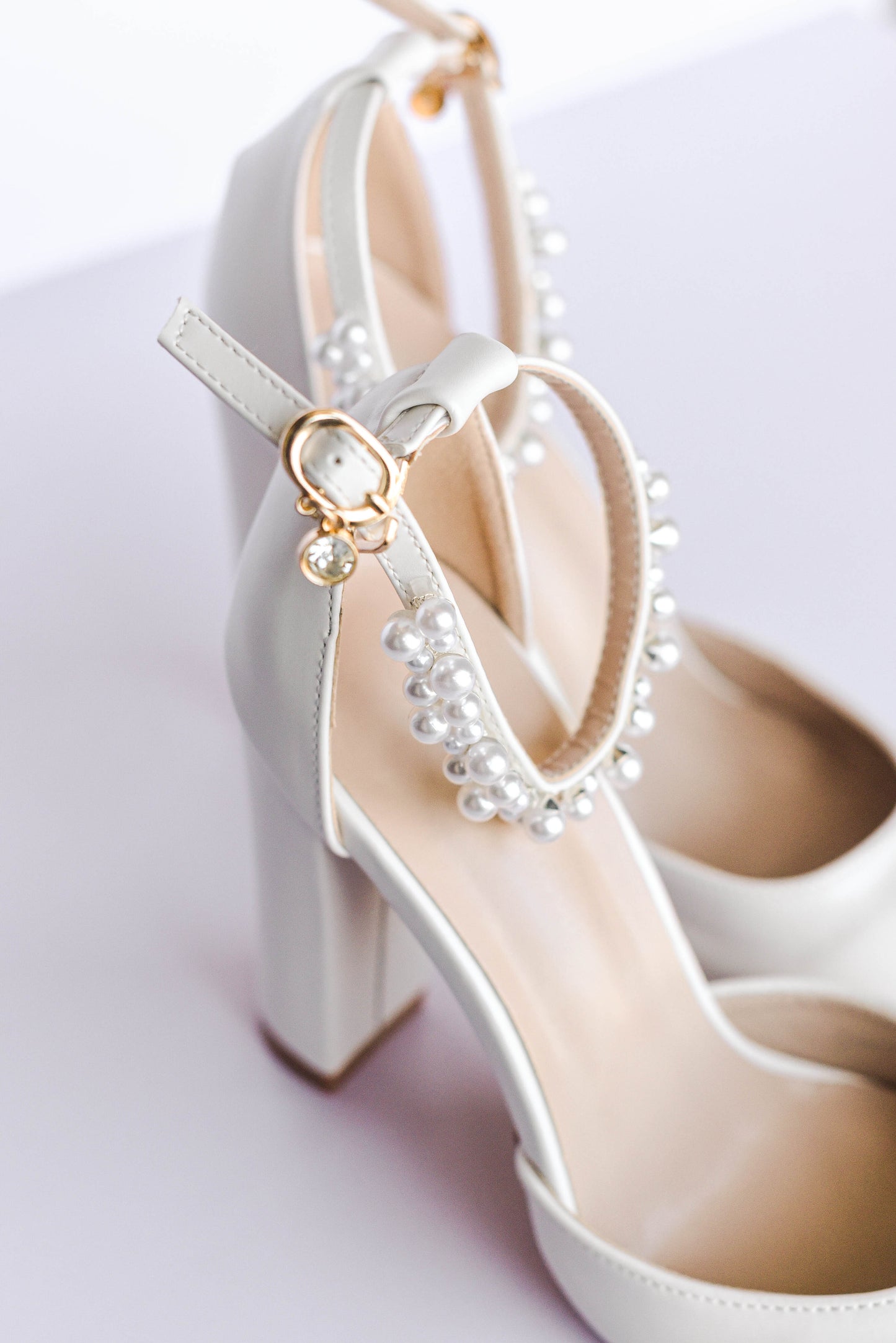 Ivory bridal block heel with pearl ankle strap