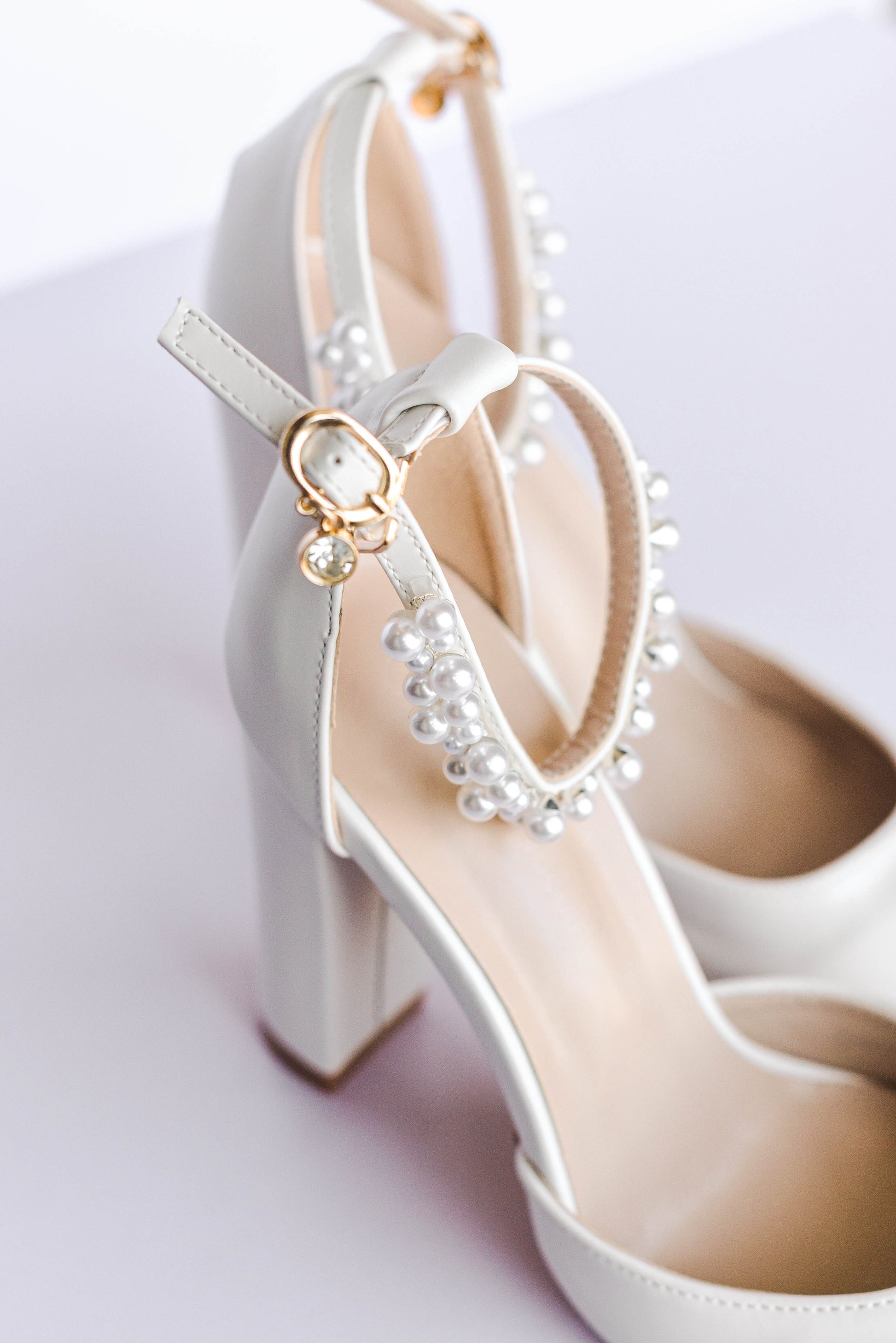 Ivory bridal block heel with pearl ankle strap