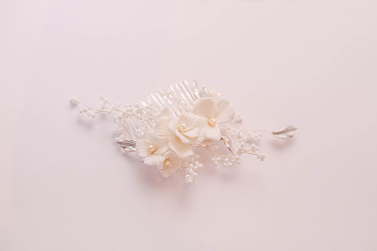 Silver bridal hair comb with porcelain flowers, fresh water pearls and beads