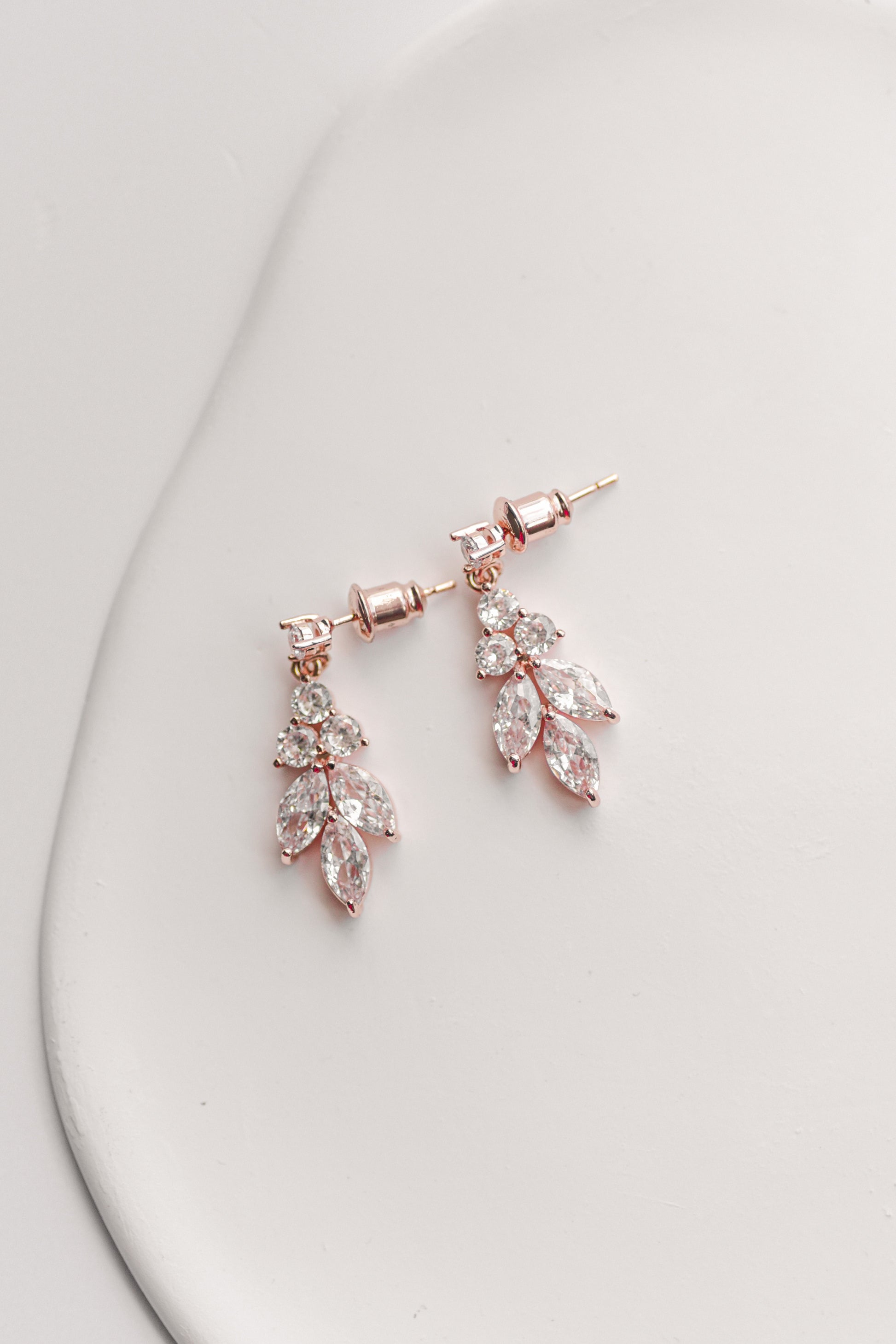 Rose Gold cubic zirconia leaf design bridal earring