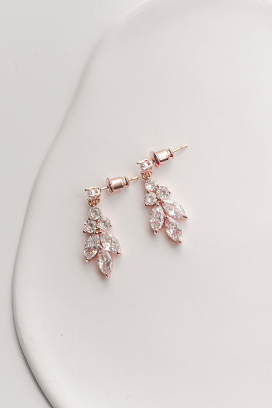 Rose Gold cubic zirconia leaf design bridal earring