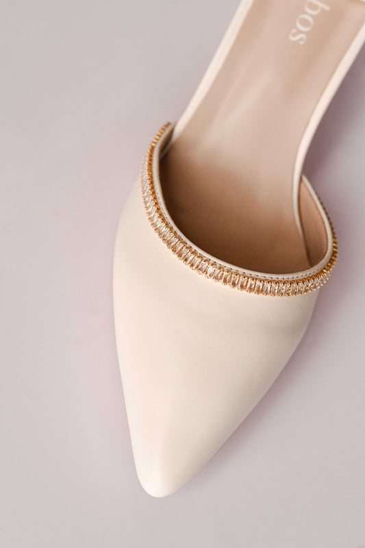 Ivory closed toe bridal block heel with gold cubic zirconia detail