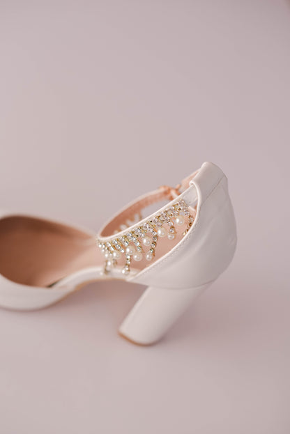Ivory bridal block heel with pearl and rhinestone embellishments