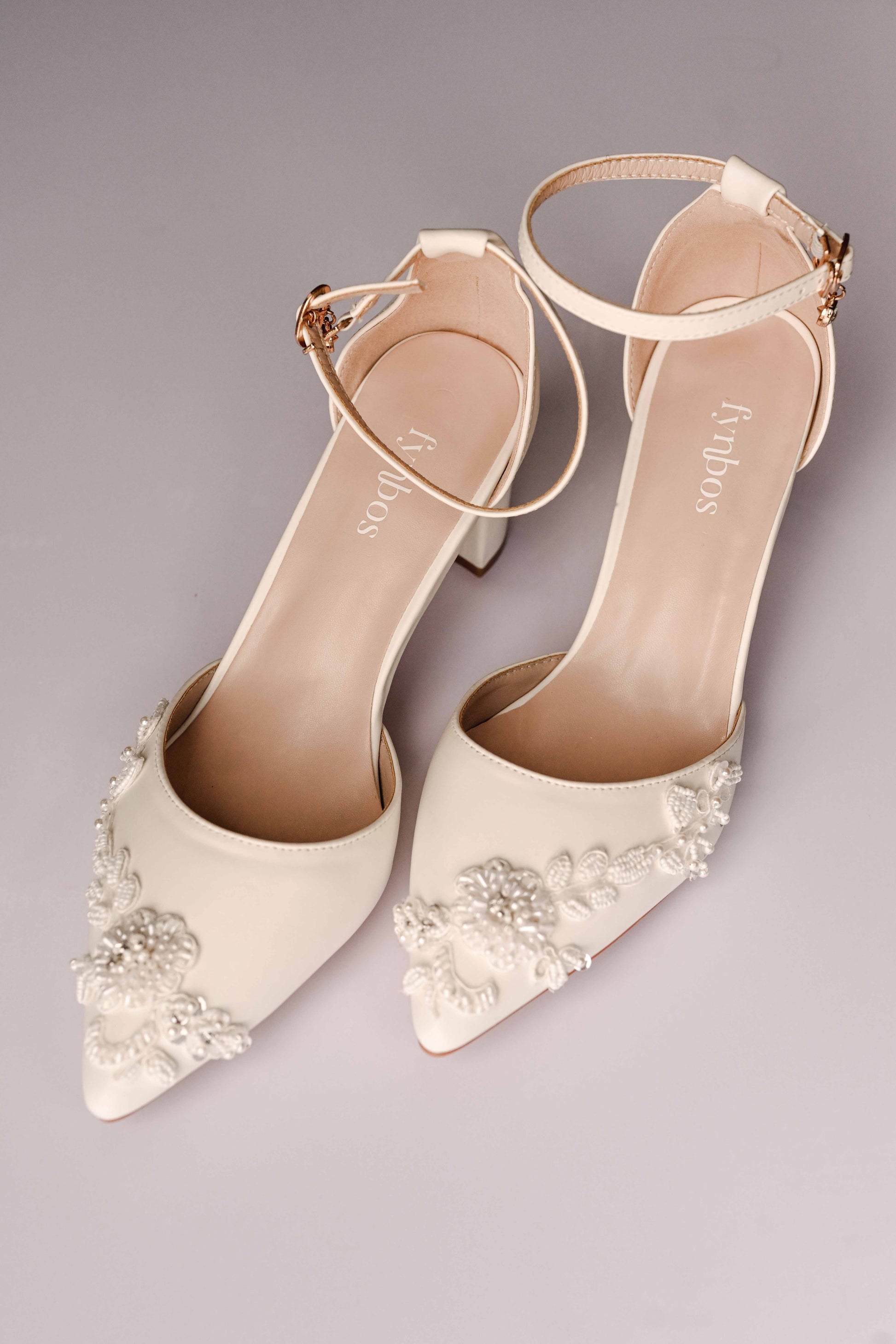 Ivory bridal block heel with beaded lace embellishment 