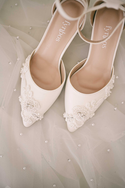 Ivory bridal block heel with beaded lace embellishment 