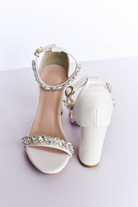Ivory bridal block heel with rhinestone embellishments