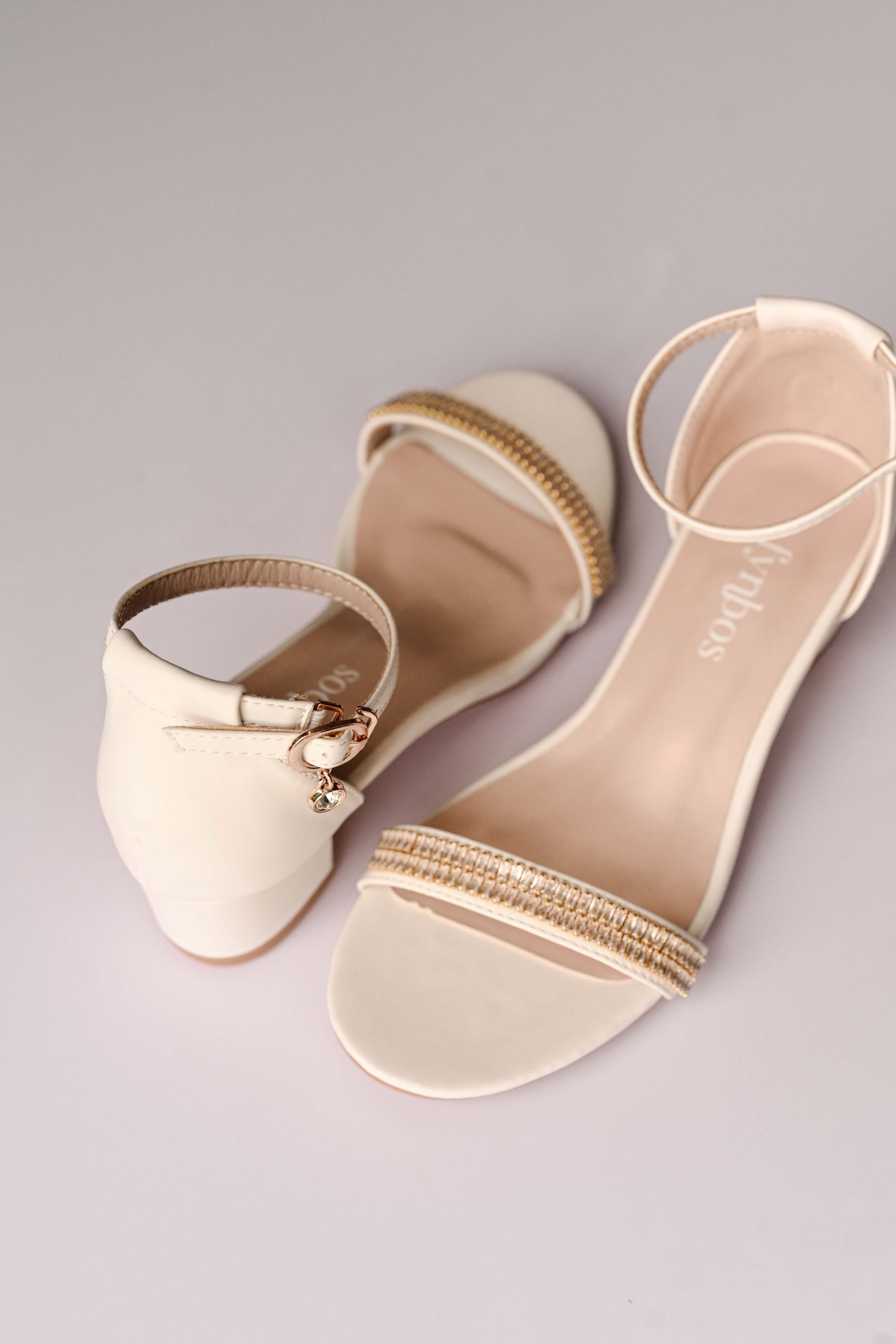 Ivory bridal block heel with gold cubic zirconia detail on toe strap