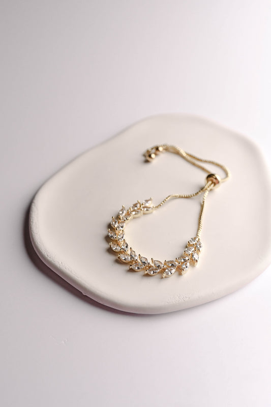 Gold leaf design, adjustable bridal bracelet with cubic zirconia