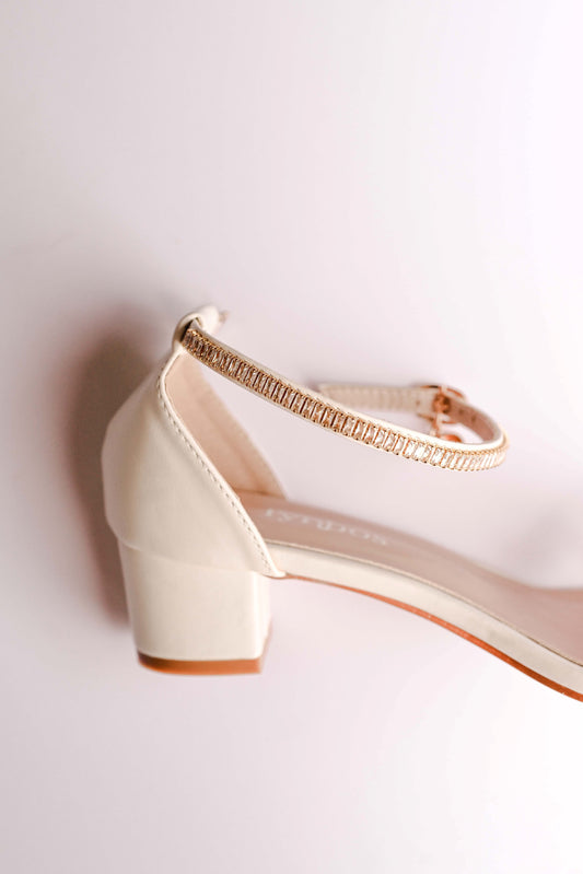 Ivory bridal block heel with gold cubic zirconia embellishment