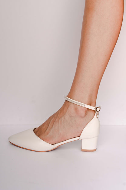 Ivory bridal block heel with a silver cubic zirconia embellished ankle strap