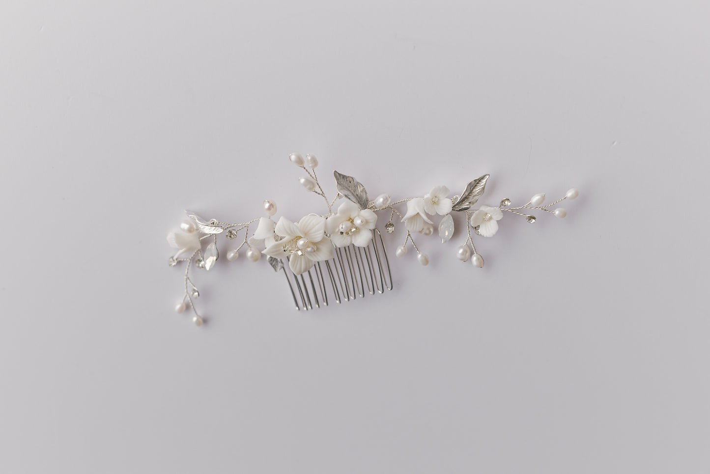 Silver bridal hair comb with porcelain flowers and fresh water pearls