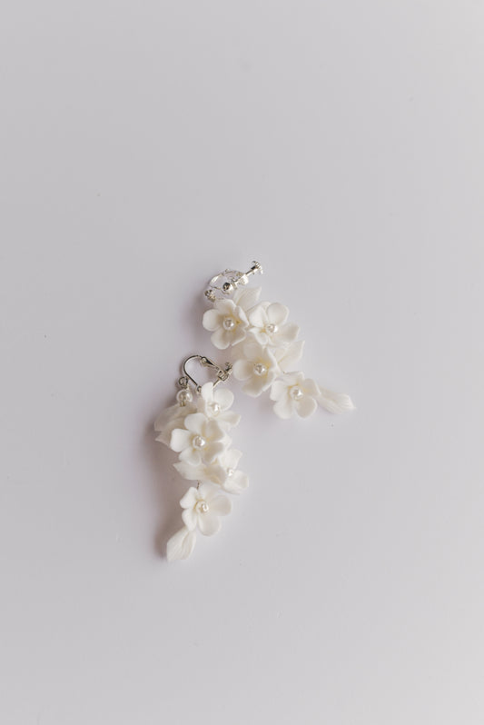 Bridal clip on earring with porcelain flowers