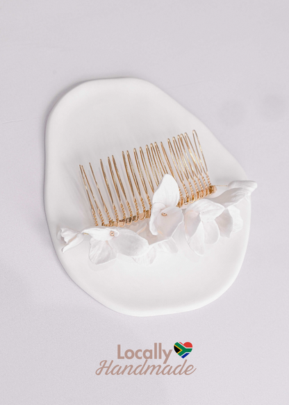 Gold bridal hair comb with handmade clay flowers