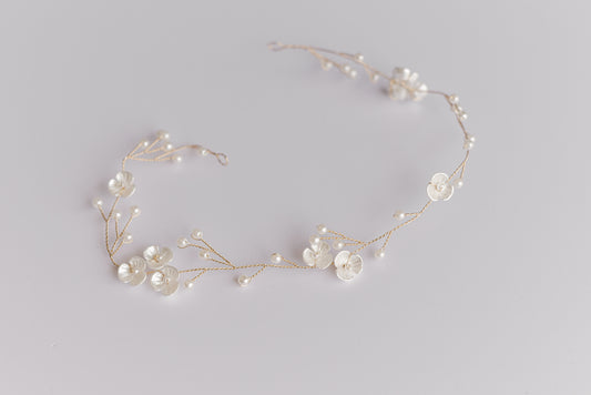 Rose gold bridal hair vine with flowers and pearls