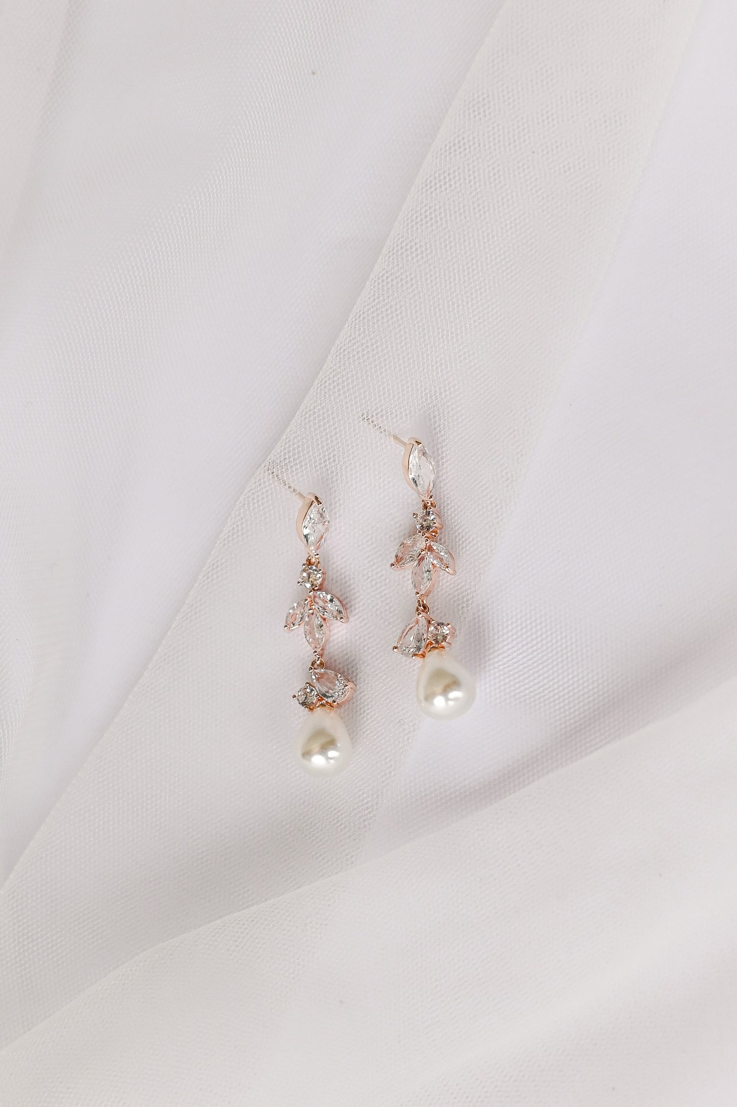 Rose Gold Bridal drop earring with cubic zirconia and pearl detail