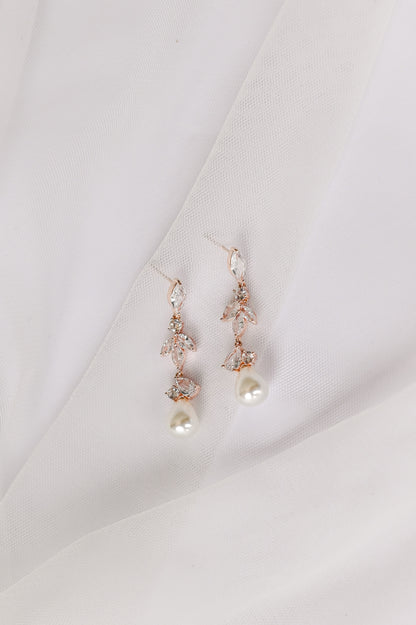 Rose Gold Bridal drop earring with cubic zirconia and pearl detail