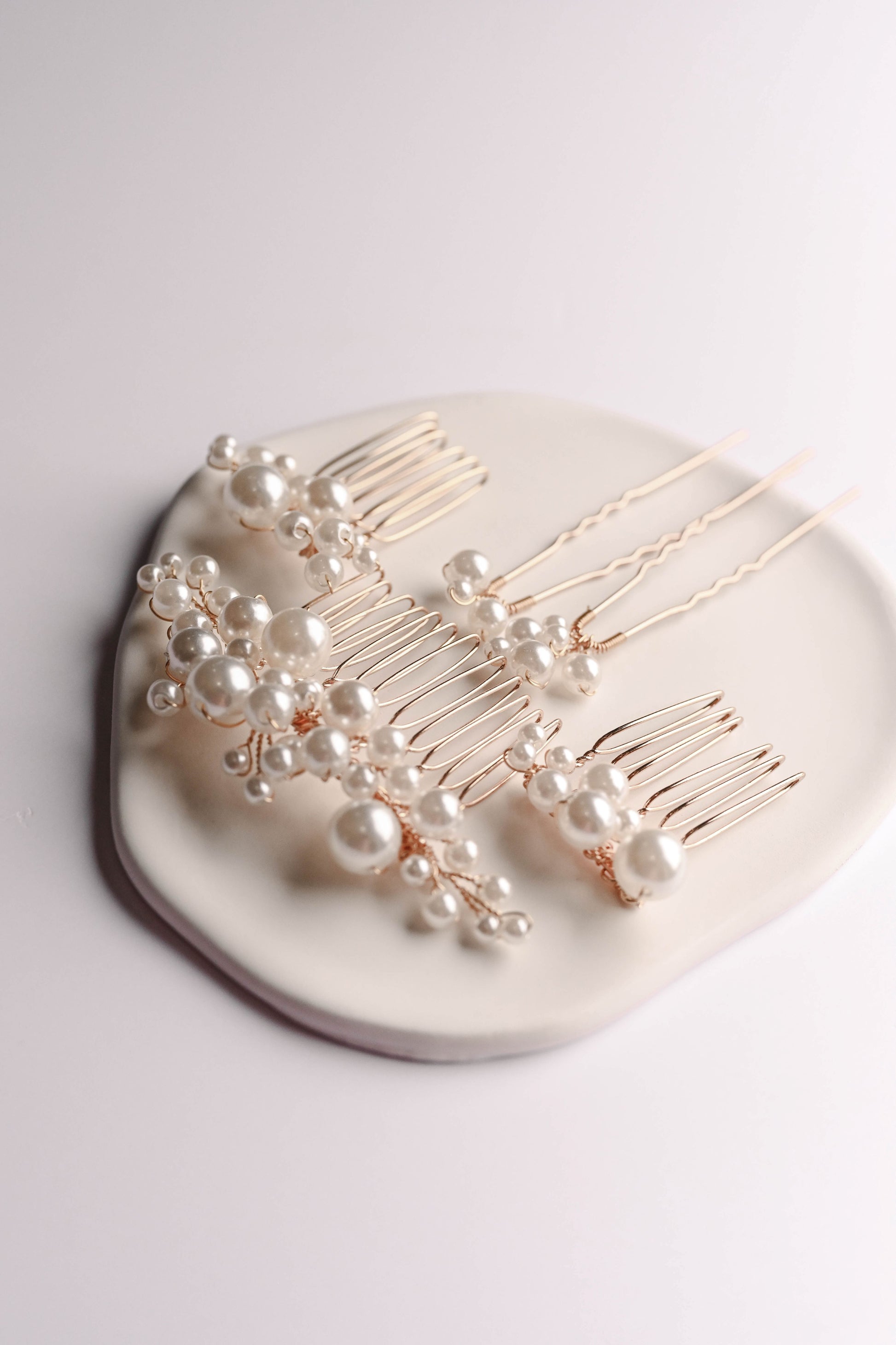 Rose gold set of bridal pearl hair pins
