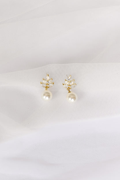 Gold cubic zirconia and faux pearl bridal drop earring