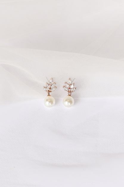 Rose gold cubic zirconia and faux pearl bridal drop earring