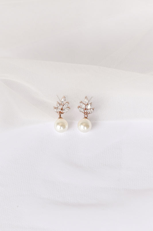 Rose gold cubic zirconia and faux pearl bridal drop earring