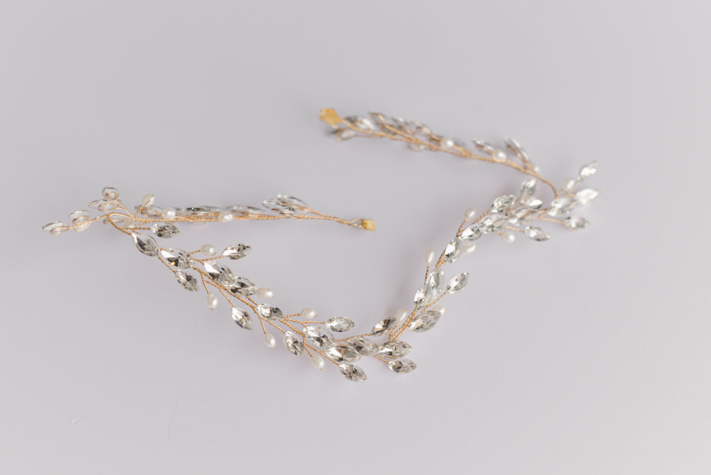 Gold rhinestone and fresh water pearls bridal hair vine