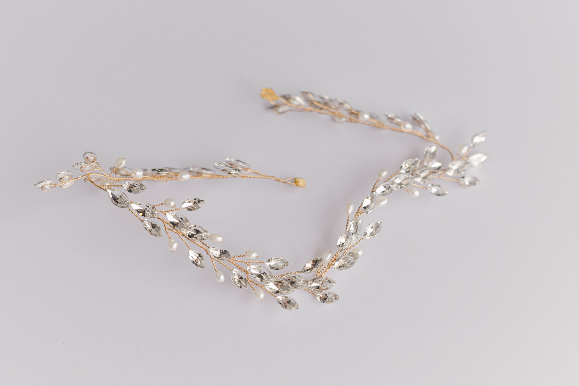 Gold rhinestone and fresh water pearls bridal hair vine