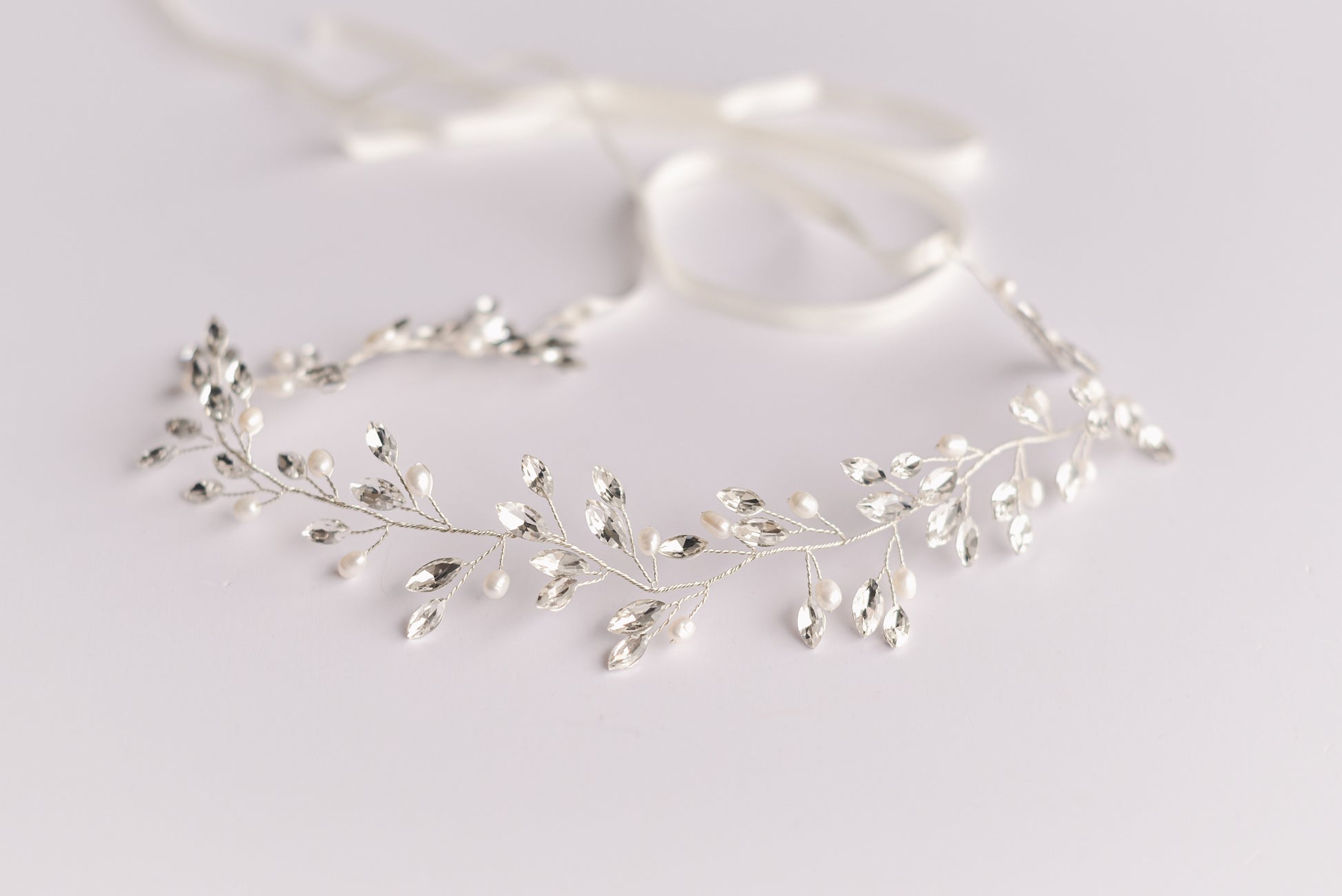Silver bridal hair vine with rhinestones and fresh water pearls