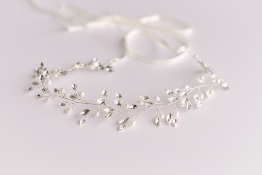 Silver bridal hair vine with rhinestones and fresh water pearls