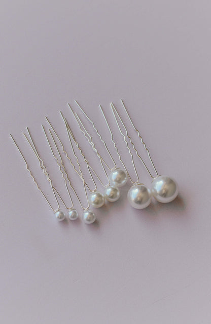 Set of silver bridal pearl hair pins