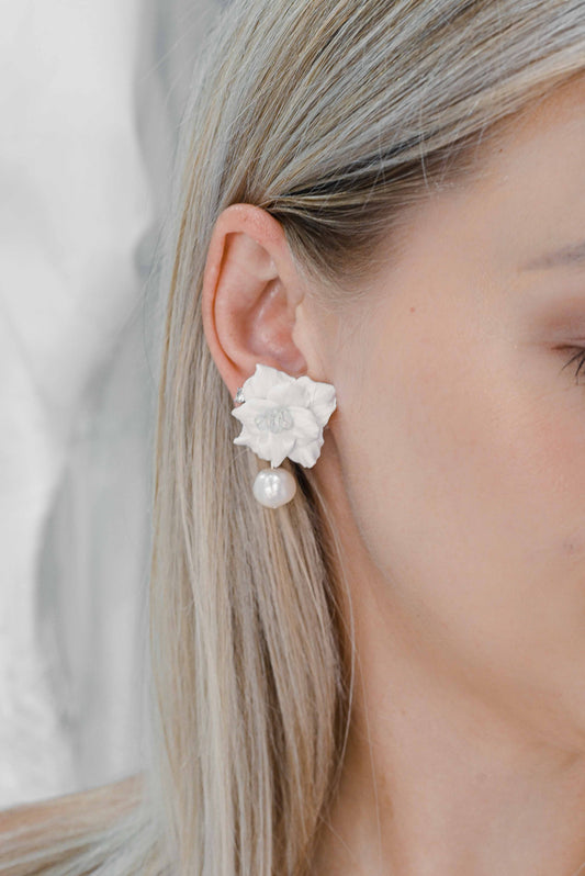 Clay flower bridal earring with a freshwater pearl